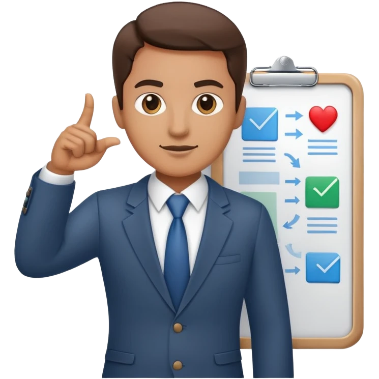 professional figure pointing at a task board or flowchart. The character wears business casual clothing emoji