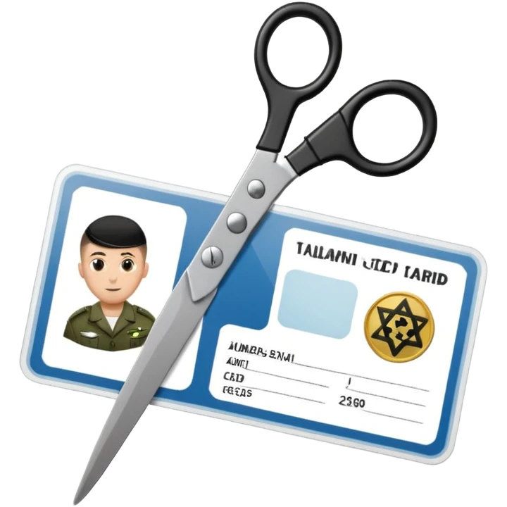 Floating black Scissors cutting in half an idf soldier ID card with a little chip in 2 parts emoji