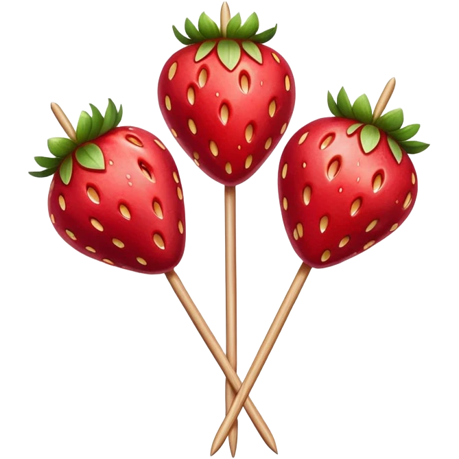 three strawberries on a wooden skewer coated in shiny sugar glaze emoji