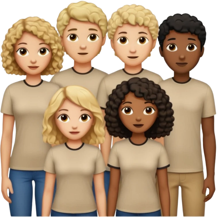 group of people  together ; men and women with brown, blonde, black hair- short hair, long hair and curly hairr wearing beige shirts aesthetic no collar, brown people, white people, black people emoji