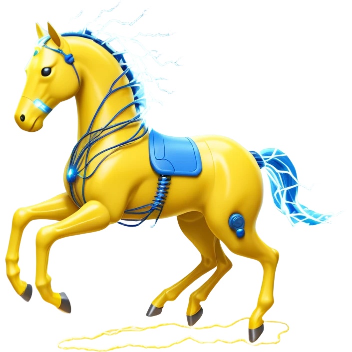 yellow fast electric horse made of electricity, bolts, visible yellow wires, lightning, blue electricity accents, dynamic running pose emoji