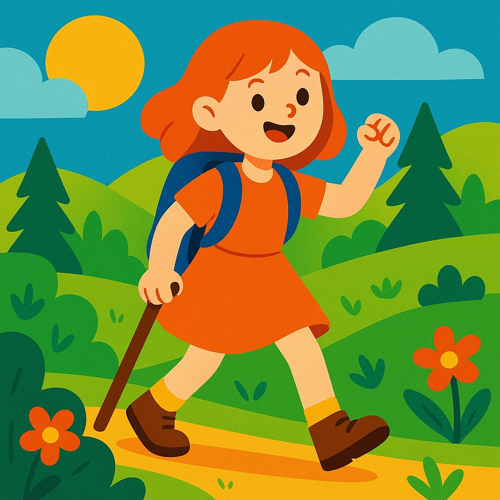 cheerful girl hiking outdoors wearing a dress, vibrant colors, nature setting emoji