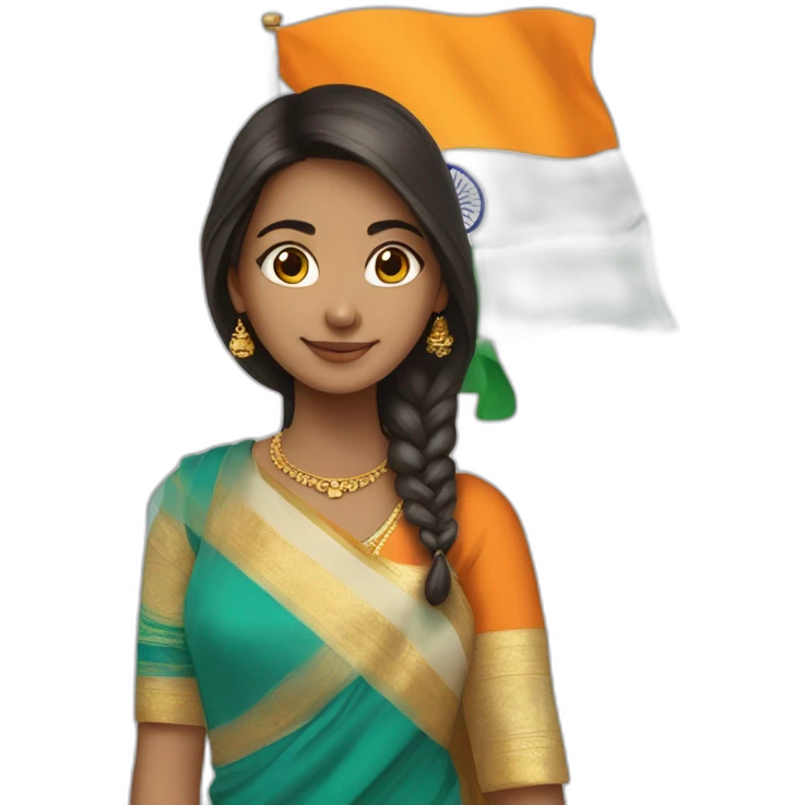 A girl wearing saare , and holding India flag ￼ emoji