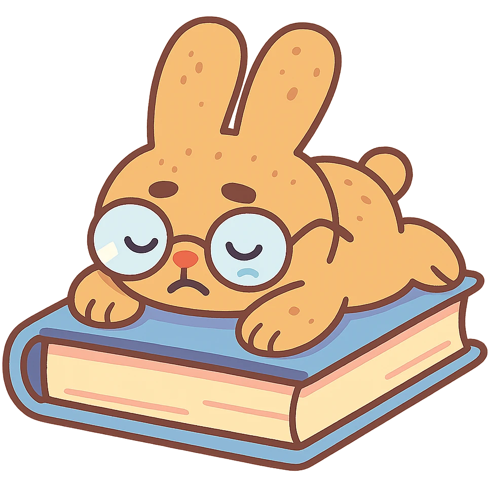 biscuit bunny lying on book with slipping glasses, pastel-toon style emoji