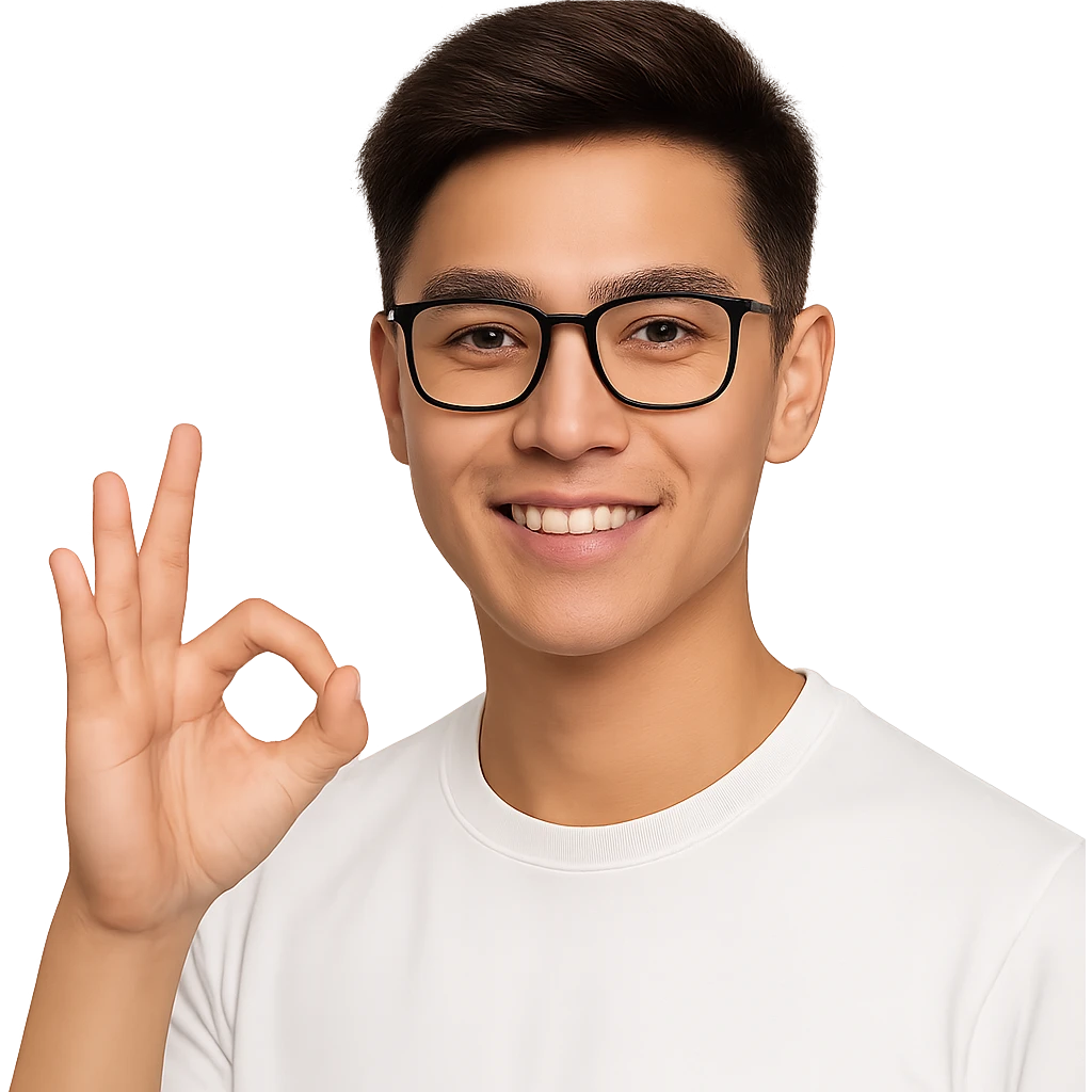 a young Asian man with cool brown short hair, wearing black framed glasses, a white top, making an OK gesture with his right hand, and smiling confidently emoji