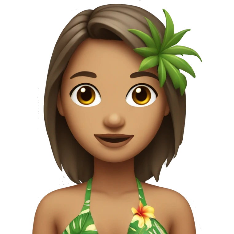 White hula girl with shoulder length brown hair, brown eyes and with a tropical bikini top emoji