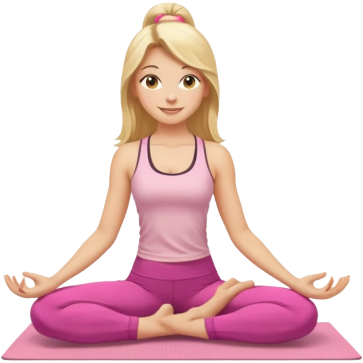 Create a young woman with long blonde hair, golden eyes, and medium-light skin tone, wearing a light pink tank top and leggings. She should be doing yoga, with a smile emoji
