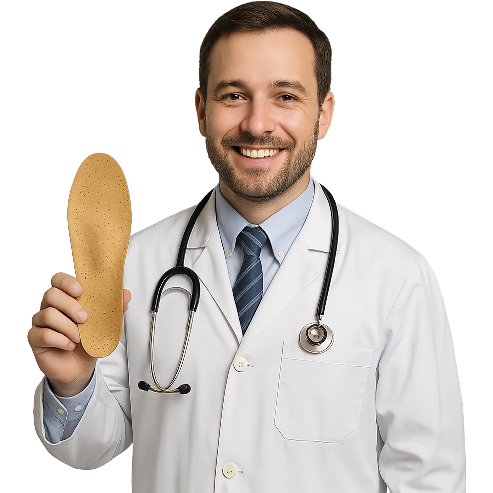 realistic smiling orthopedic doctor holding an orthopedic insole, neutral background emoji