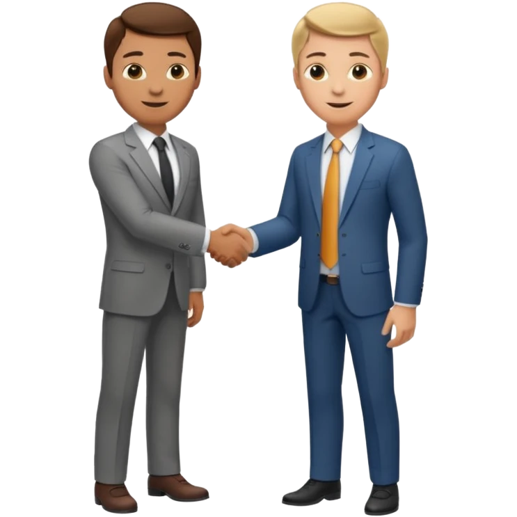 a video editor handshaking with a castomer. customer wears suit and tie but video editor wears shirt and trouser. they are handshaking inside a corporate office. emoji