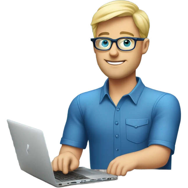 man looks 35 classes, european, tech nerd love pcb designing, blue shirt blond short hair, blue eyes with specs behind macbook on with pcb on the desk emoji