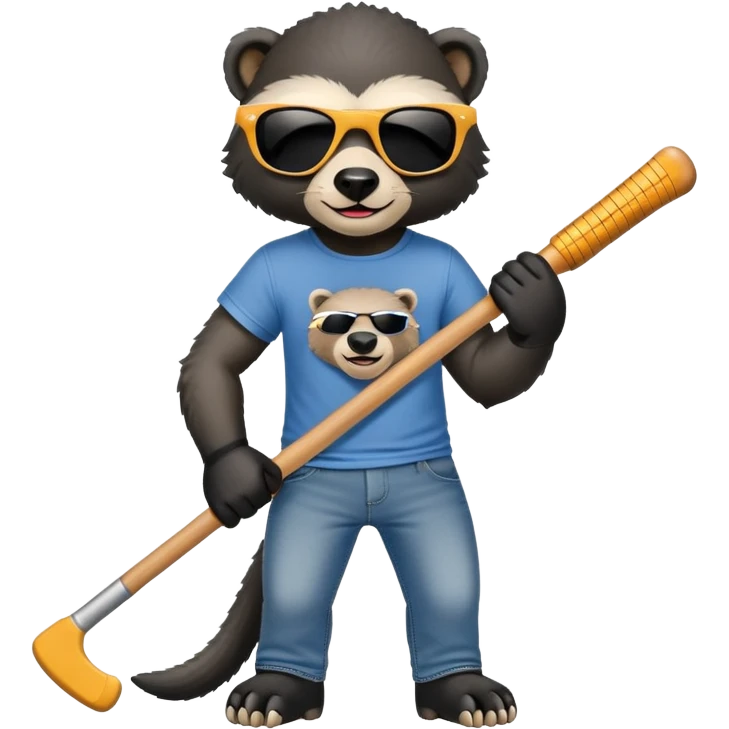 mischievous anthropomorphised honey badger in jeans and a t-shirt, wearing sunglasses, holding a hockey stick emoji