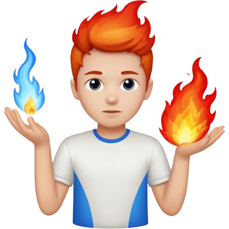A boy with no hands fire instead made out of red fire and blue fire on a white shirt that the boy is wearing  emoji