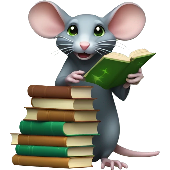 rat casting a spell: rat on a stack of books letting out a hand and casting a green hexagonical spell. emoji