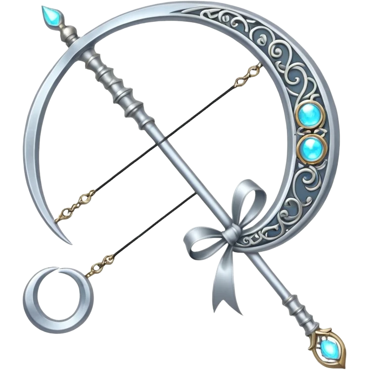bow weapon, Elegant silver bow weapon with glowing string, crescent-moon motifs. emoji