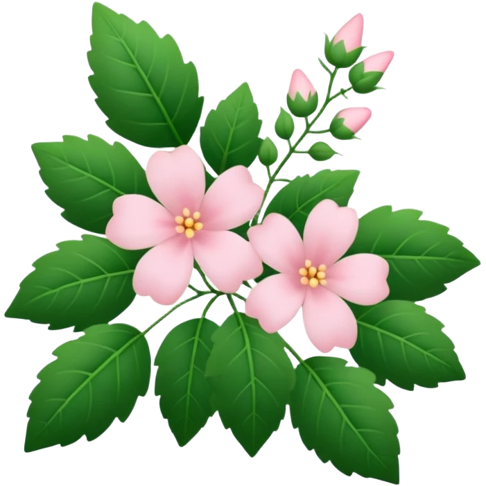 Aesthetic flowers and plants growing from the ground in colours of soft pink matching the deep green leaves (to describe/match with the word flourish) more of a wild bush or vine  emoji