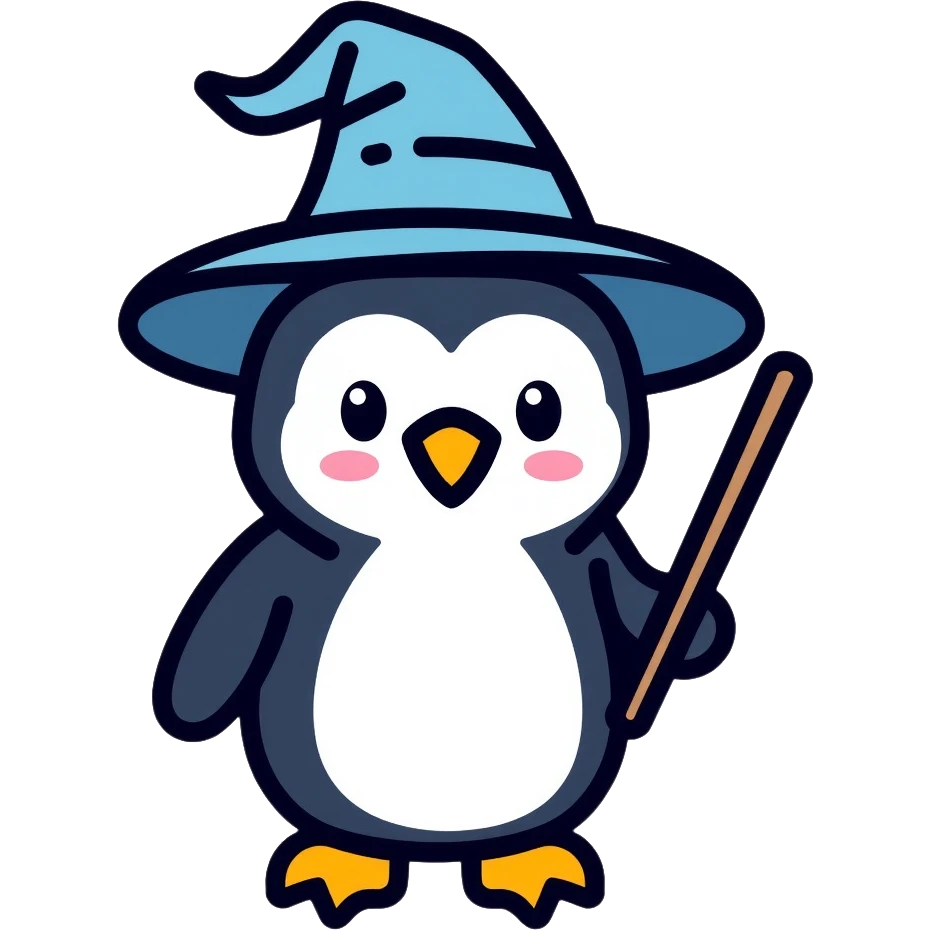 penguin wizard with magic wand and wizard hat emoji