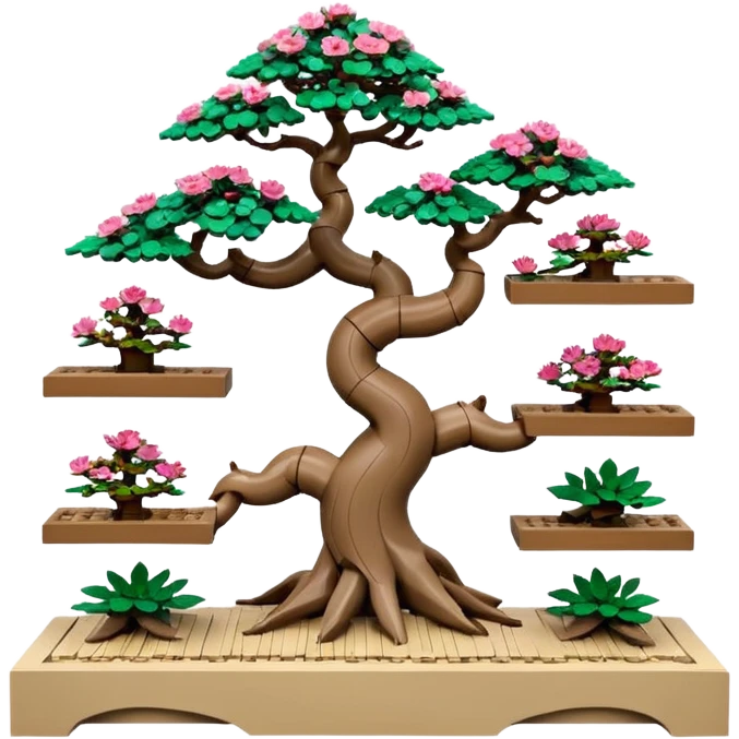 Wide Three tiered Lego bonsai planters stand, shelving nine maple specimens and several smaller azaleas, frame made of one inch thick driftwood emoji