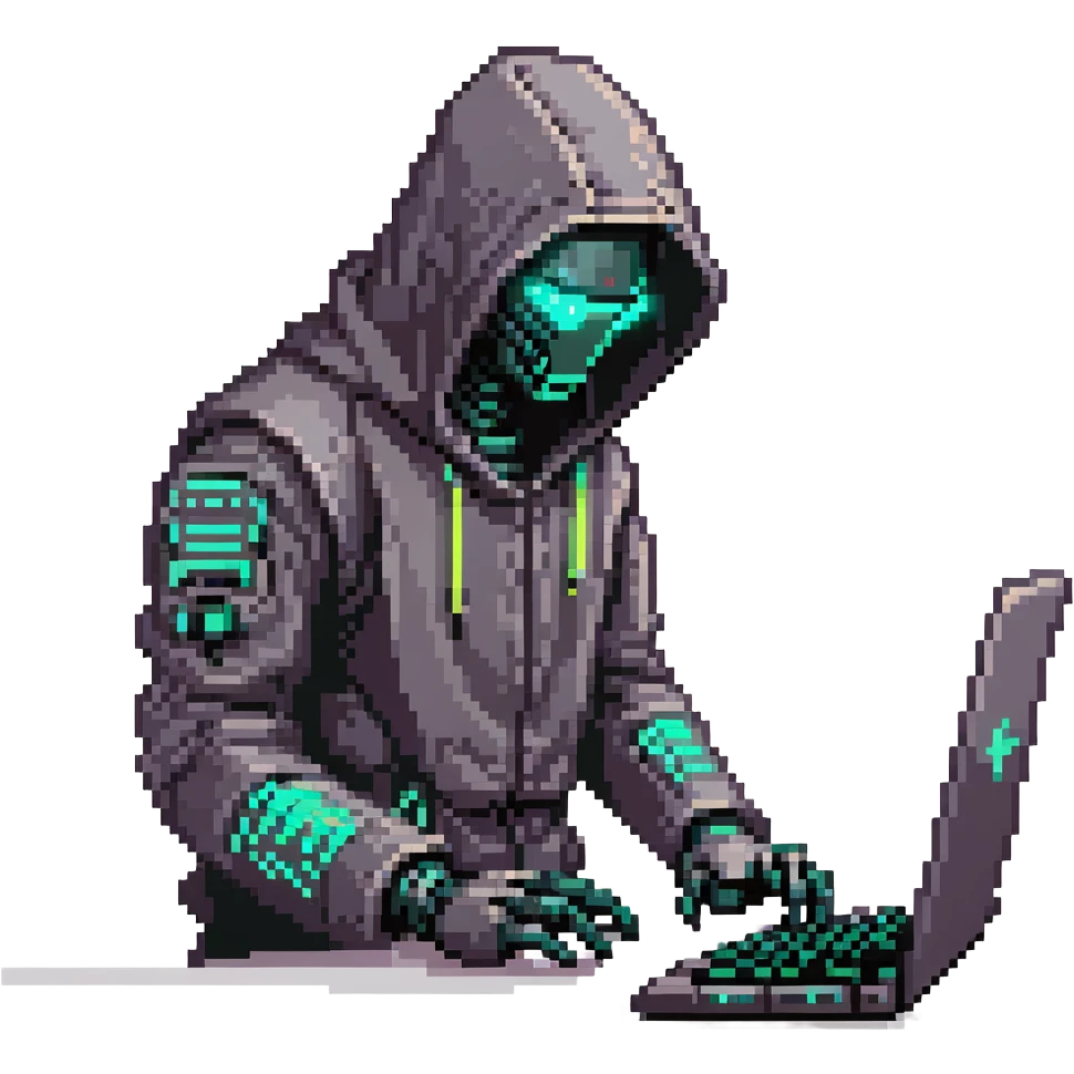 Dark cybernetic robot hacker with neon details, hood, typing on keyboard, hacking code emoji