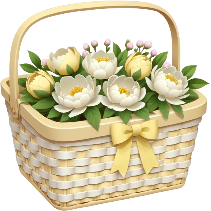 White Picnic basket with pastel yellow bow and white peonies inside emoji