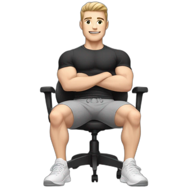 Pale skinned Fit Man With the biceps and dark brown hair in black shirt, gray sports shorts and white Sneakers Sitting on a chair emoji