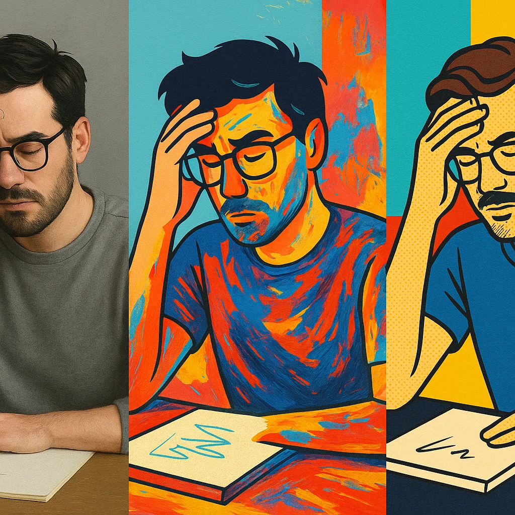 designer touching forehead, various styles emoji