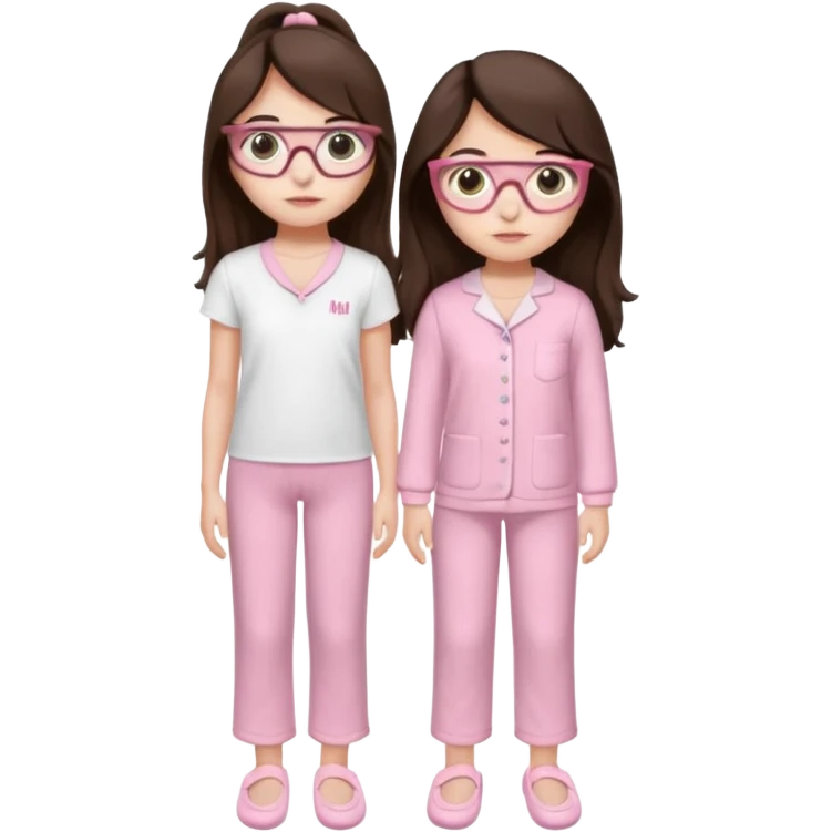Girl age 20 years old with dark brown long hair, light skin, brown eyes, wearing a miu miu glasses the brown ones, and wearing a top in white with a pair of pyjama pants in pink and it's mocked in light pink too and a slipper in white and she looks pretty  emoji