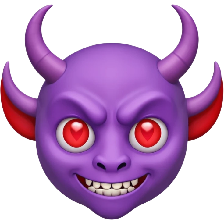 Purple demon emoji with red hearts for eyes,, circular head with horns emoji