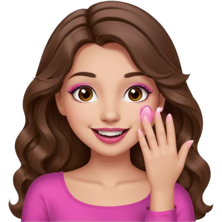 girl with long wavy brown hair, brown eyes, long lashes makeup, pink lips, light to medium complexion, pink sexy top, smiling, hand covering the mouth, giggling emoji