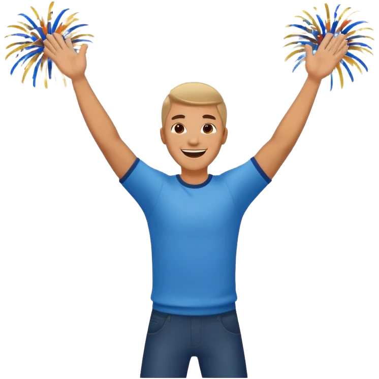 hombre sonriendo saltando con los brazos hacia arriba saltando, con fuegos artificiales, confites volando, emoji