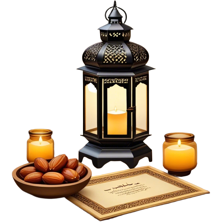 A beautifully warm and inviting Ramadan-inspired setting. A glowing ornate lantern sits on a wooden table, casting intricate patterns of light. Beside it, a decorative bowl filled with dates symbolizes hospitality and tradition.  emoji