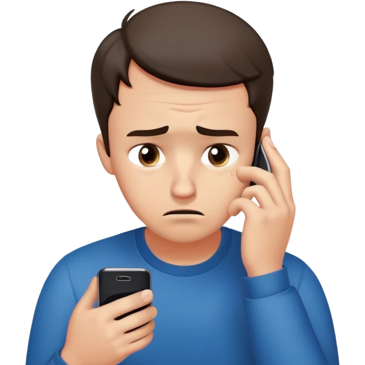 man with anxious attachment style frantically checking his phone with worried eyes and nervous expression, sweat drops on forehead, staring intensely at phone screen waiting for message reply, finger hovering over screen ready to respond immediately, notification symbols visible emoji