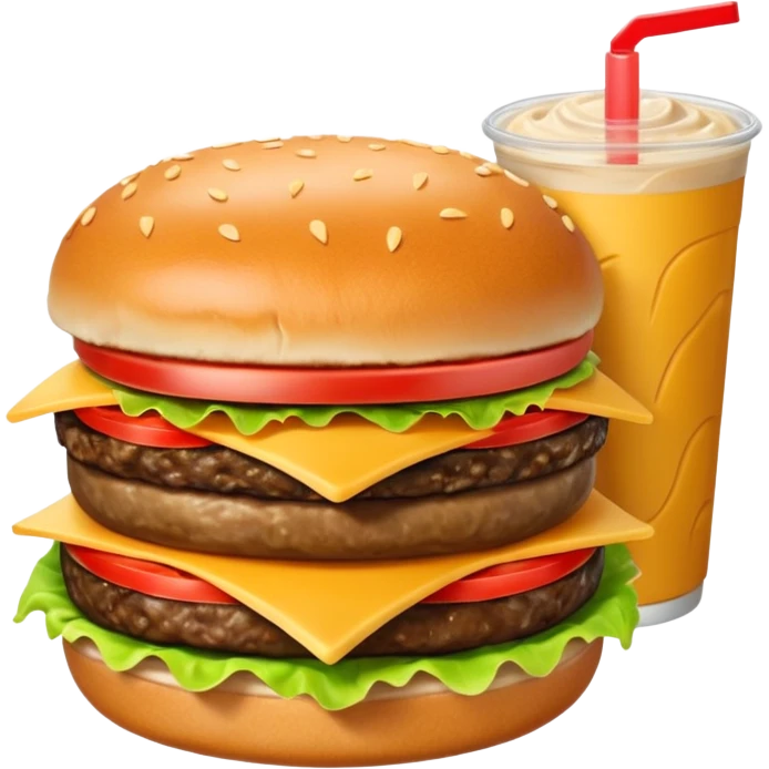Crea una escena que contenga el mega combo: una hamburguesa, un frappé y papas fritas emoji