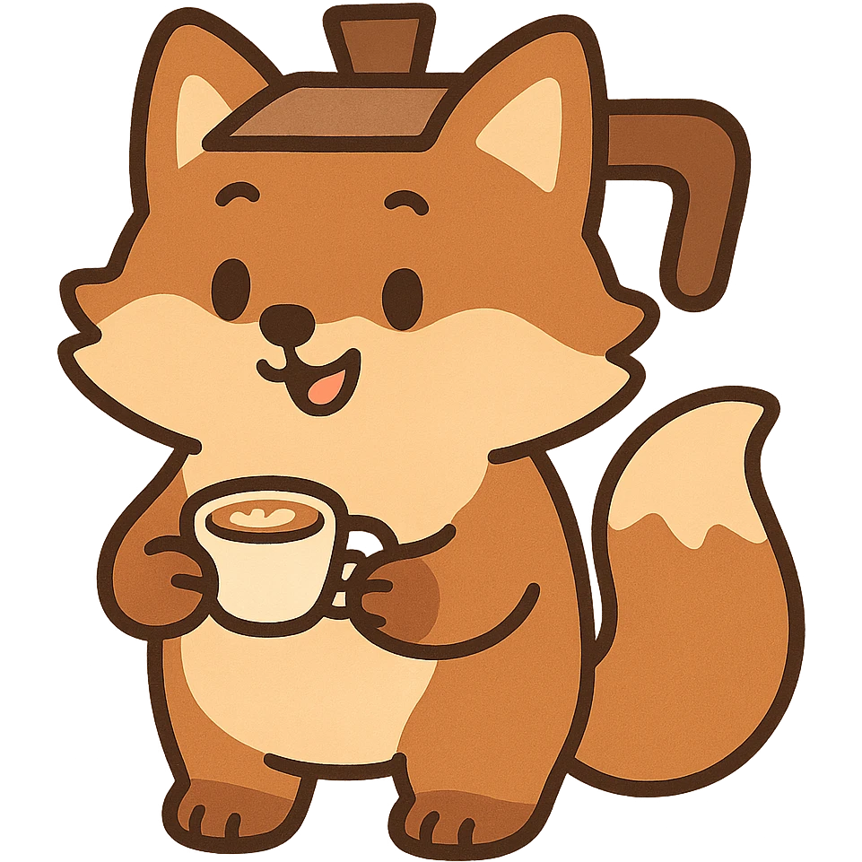 cute soft fluffy coffee maker fox, holding a tiny latte cup, brown and beige pastel, full-body emoji