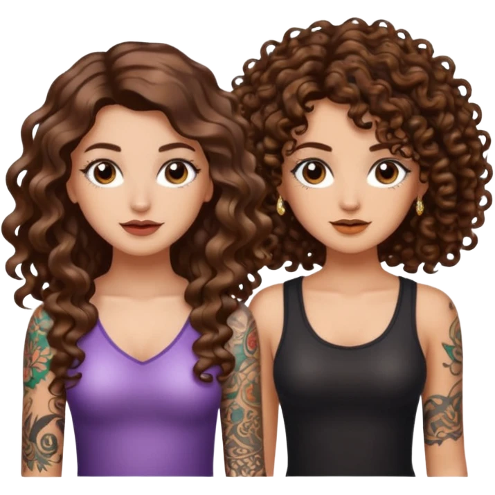 glitter blast — long wavy brown hair tattooed woman and short tight curly brown hair woman — sparkle covered emoji