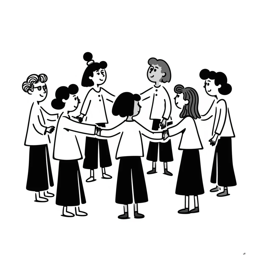hand-drawn doodle of stick figure people standing in a circle, holding hands, unity, casual emoji