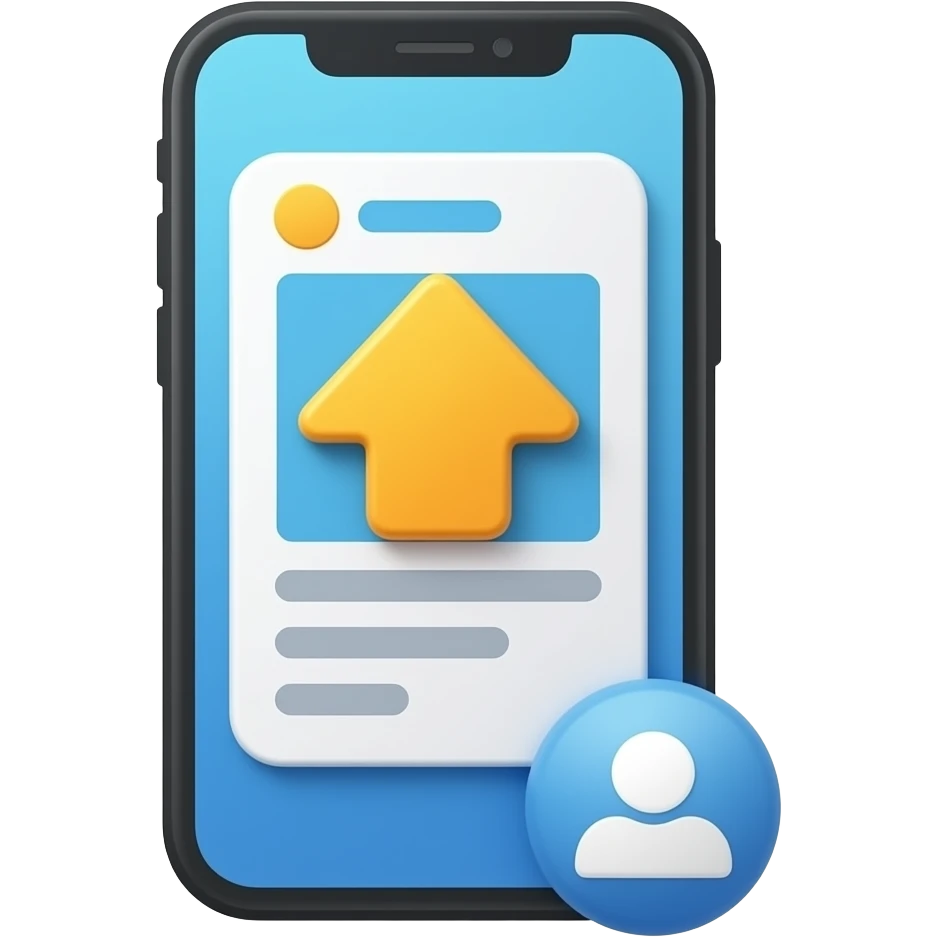 Emoji-style icon representing content posting: a smartphone with a screen showing a post being uploaded (arrow going up or share symbol), clean minimalist design, soft shading, bright colors, no background. emoji