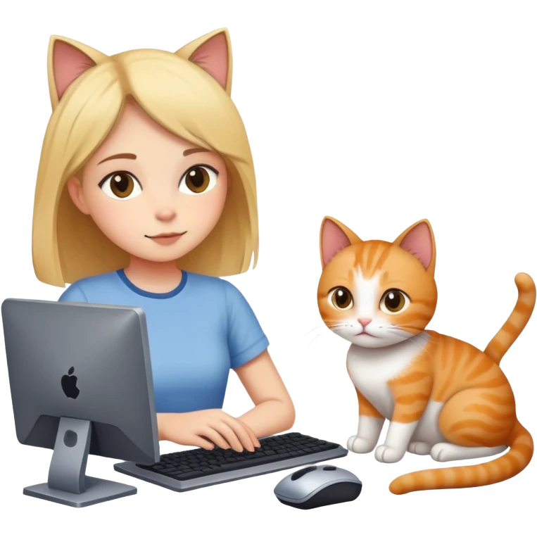 a girl working in front of a computer with a cat lying next to the computer emoji