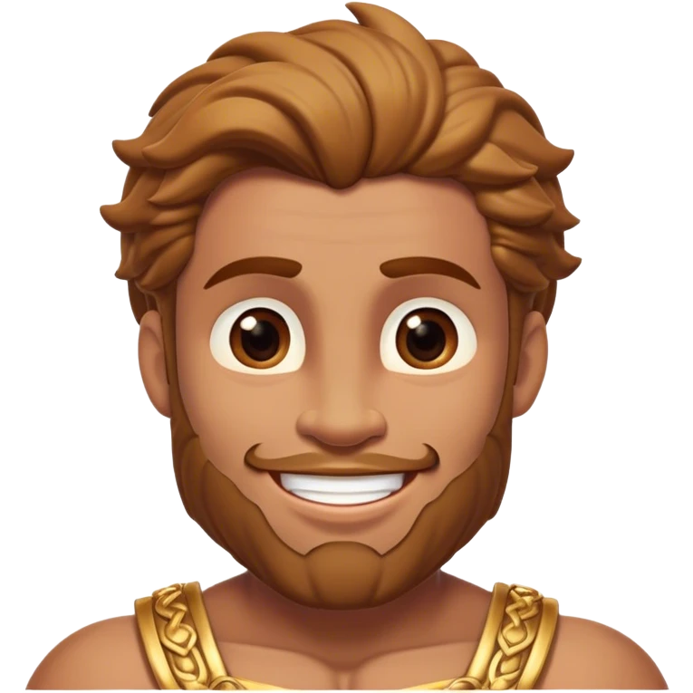 Cinematic Realistic Hercules Portrait, head tilted playfully and inquisitively, showcasing his formidable build softened by a warm, inviting smile. His eyes sparkle with a sense of mirth and determination, while his detailed attire and natural highlights capture the essence of a mighty hero with a friendly spirit. emoji