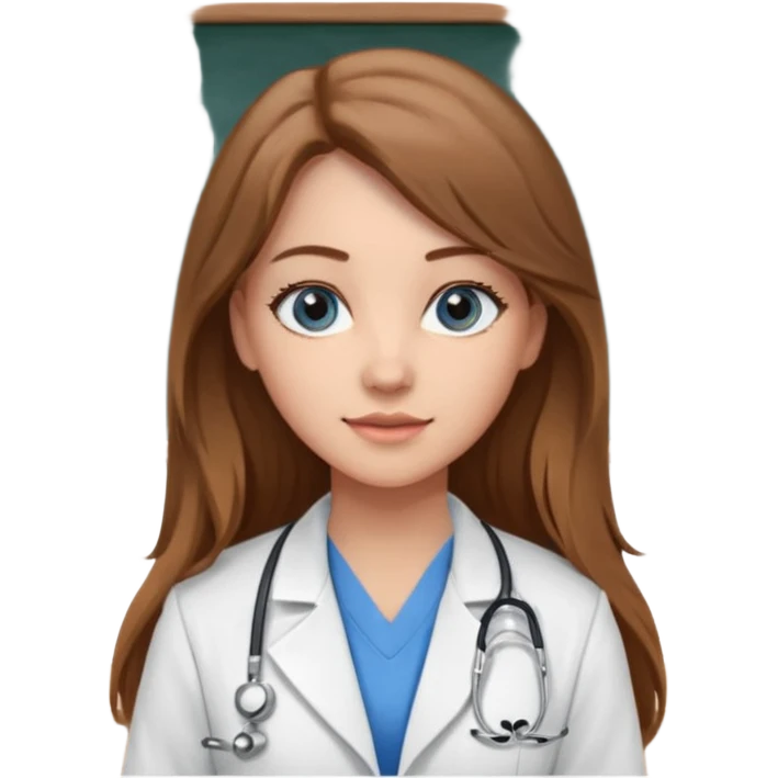 university classroom that says nursing school on the blackboard with a pretty female nursing student with long brown hair, blue eyes emoji