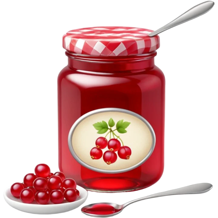 elegant glass jar of red currant jelly, vibrant ruby red glossy translucent, gingham lid, simple label no text, small spoonful of jelly beside jar, 3D rendered, minimal, soft shadows, natural lighting, vibrant color, transparent background, emoji scale emoji