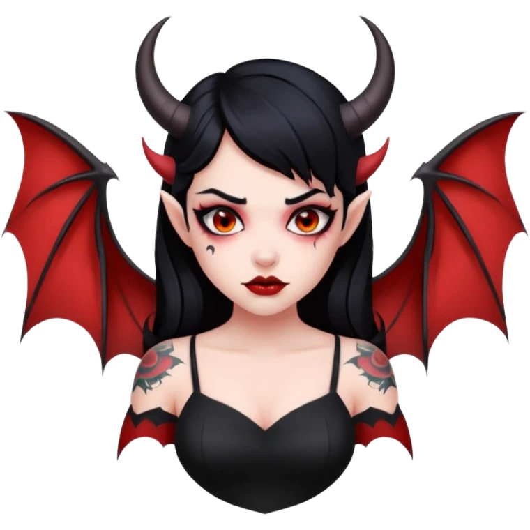 Demon girl, entire skin solid red, black hair, horns, bat wing, black dress, tattoo-flash comic. emoji
