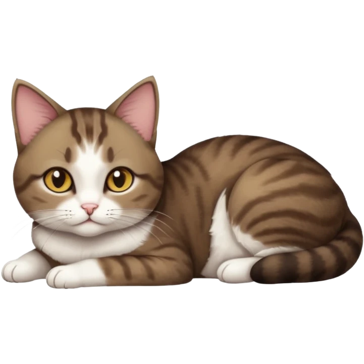full body tiny short hair dark brown and white cat with hazel eyes lying down emoji