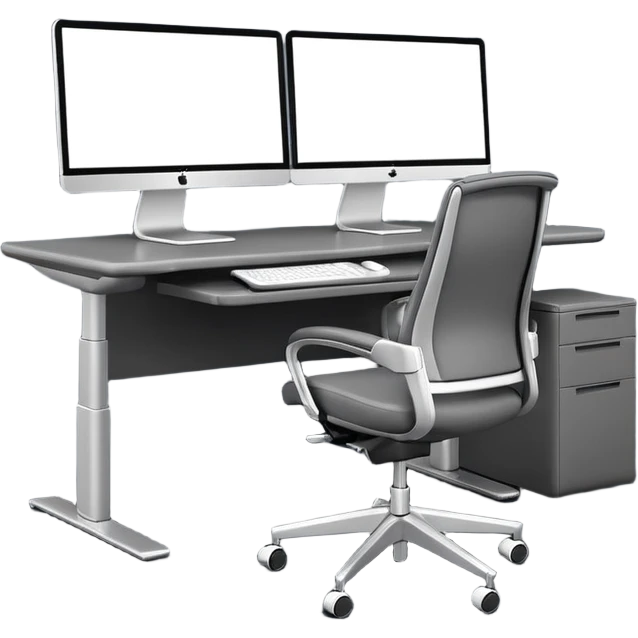 3D minimal icon of a wide height-adjustable motion desk with dual monitors and a modern ergonomic office chair, with a subtle accent in #FF3D00. Clean and high-end style. emoji