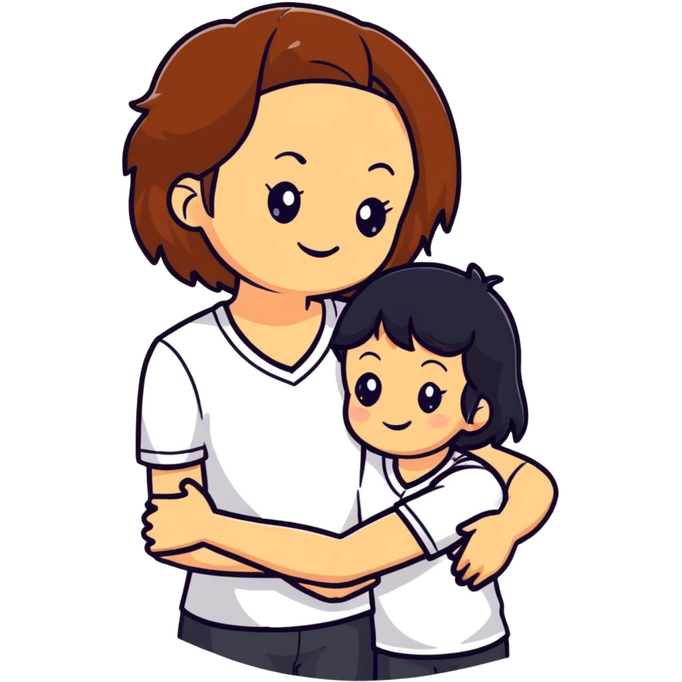 Two girls with light skin, one with chestnut hair and one with black hair, wearing white V-neck shirts, hugging warmly with gentle smiles emoji