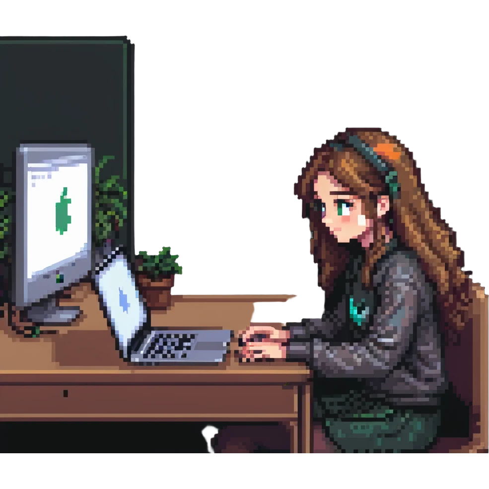 a girl sitting at a desk with a MacBook, focus on face and laptop, pixel art style emoji