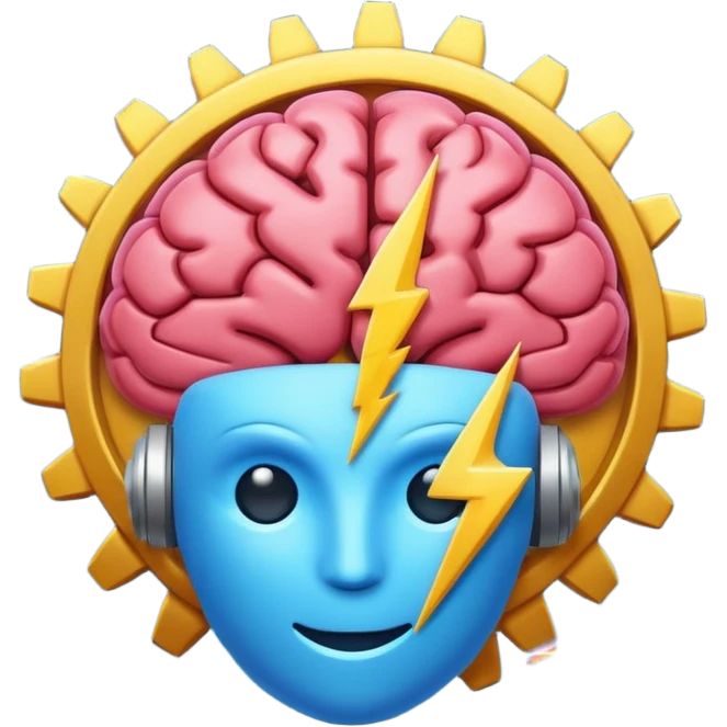 modern minimalistic emoji-style icon combining a brain, a gear, and a lightning bolt, symbolizing quick smart inspiring digital meeting about AI and productivity tools, clean colorful expressive emoji logo for recurring tech session emoji
