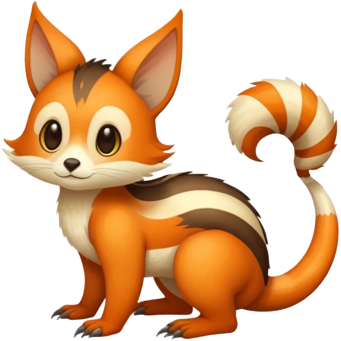 lush warm-colored Fakémon-Trico-creature (full body) with white cheek markings, white-striped tail emoji