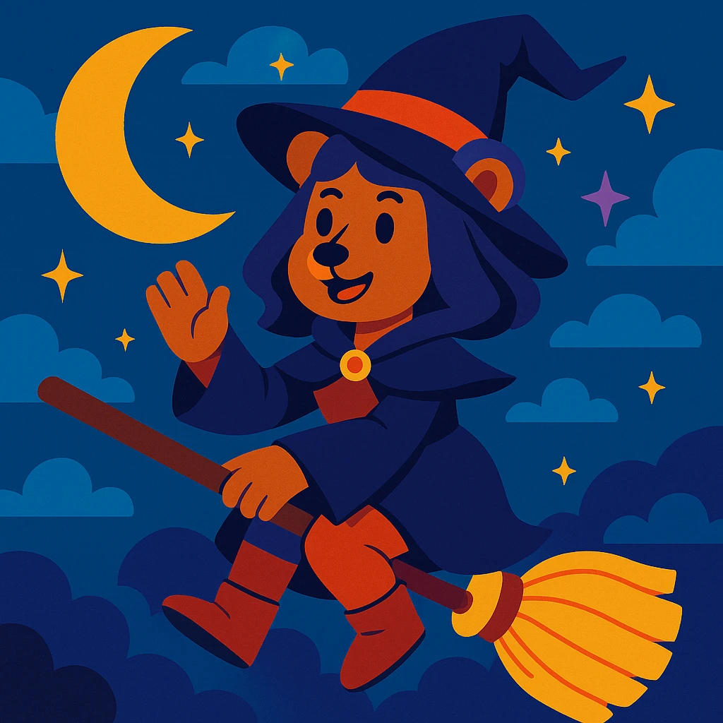 a magical bear witch, blending human and bear traits, flying on a broomstick, fantasy style emoji