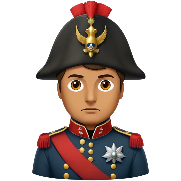 Cinematic Realistic Napoleon Bonaparte Portrait Emoji, depicted as a commanding military leader with a determined gaze and iconic bicorne hat, rendered with dramatic textures and bold historical lighting that captures his imperial legacy. emoji
