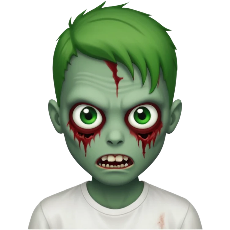 zombie boy with outgrown hair and wearing a white shirt with green prominent eyes and an evil mouth either open, red skin emoji